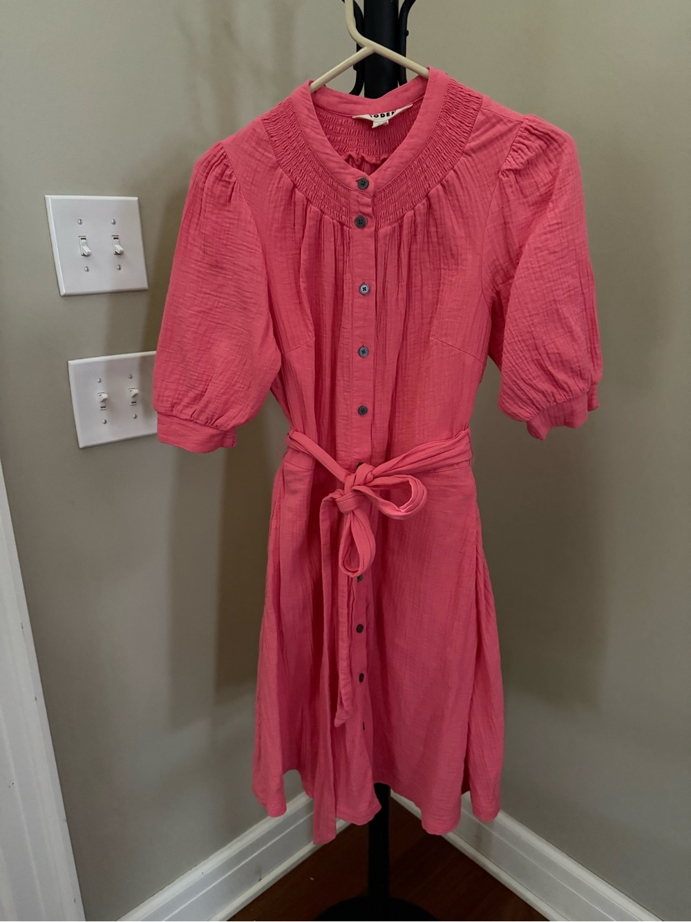 Boden Coral Pink Ada Double cloth Button-Down Tie-Waist Midi Shirt Dress